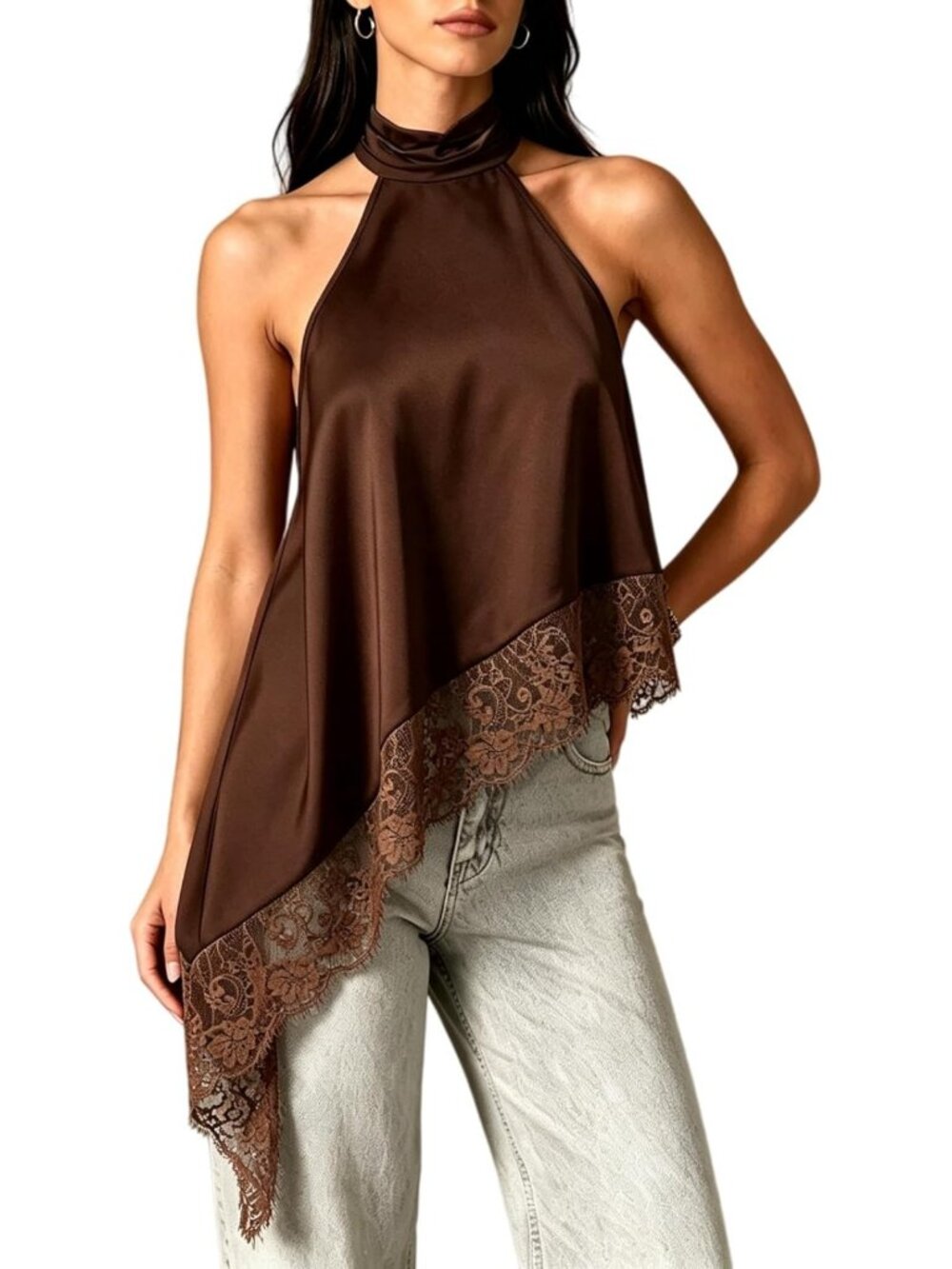 Satin Halter Top with Lace Trim, Y2K Asymmetrical Hem Sleeveless Crop Top